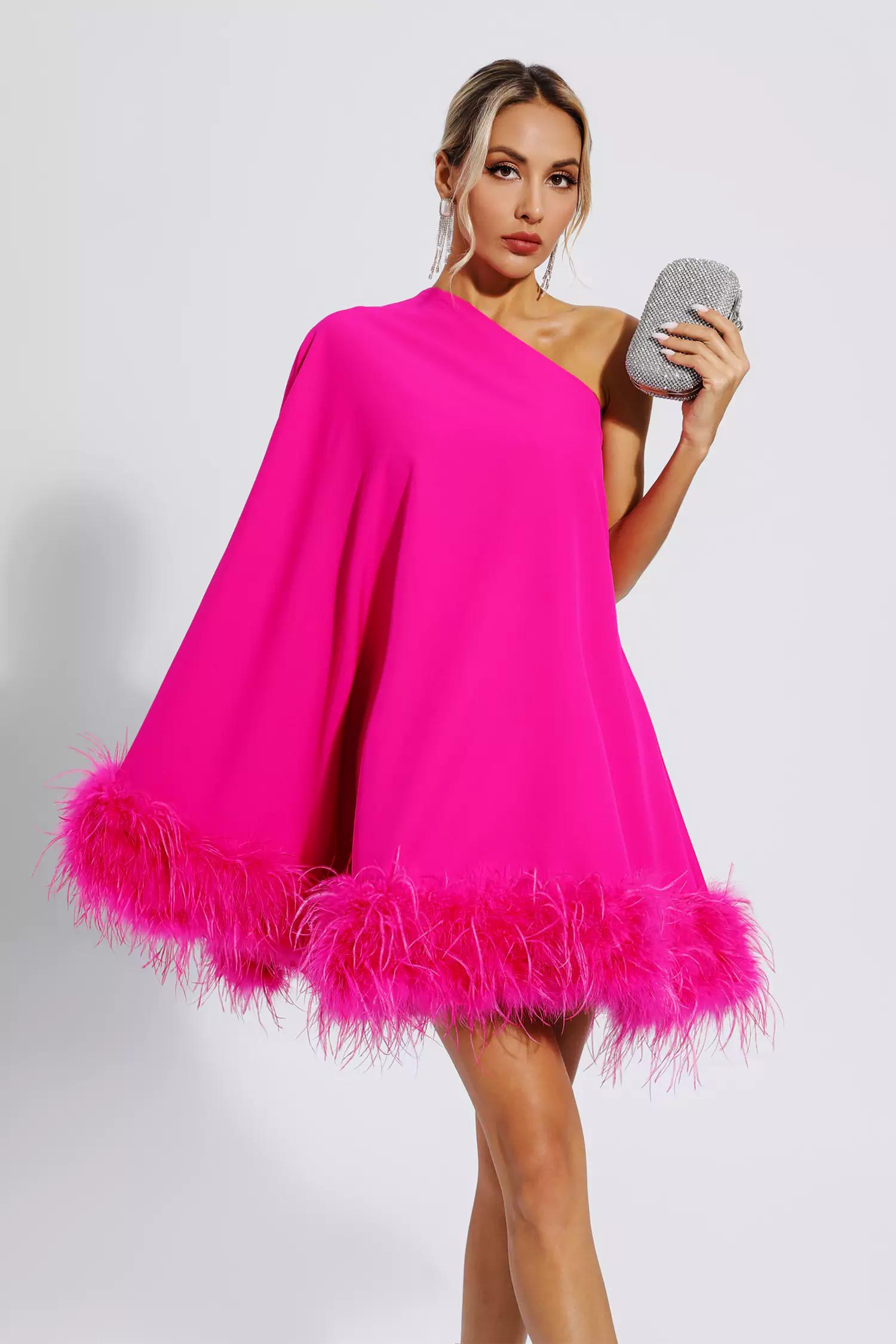 pink dress with feathers